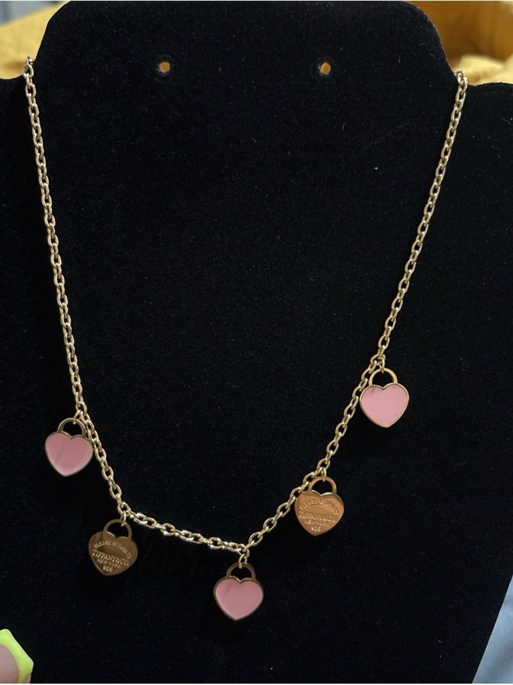 Gold-Tone Heart Charm Necklace with Pink Enamel Hearts